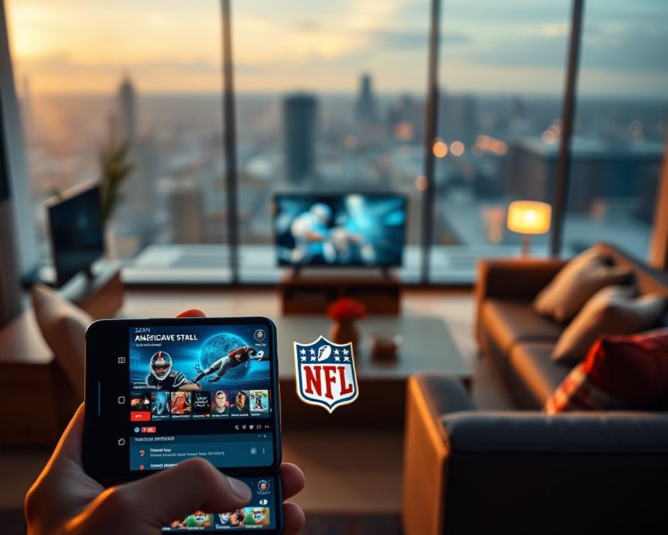 A vibrant, high-definition image of the DAZN streaming platform interface, prominently featuring the NFL logo and American football iconography. The foreground should display a smartphone or tablet device displaying the DAZN app's sleek, intuitive user interface, showcasing live game feeds, stats, and other content. The middle ground should depict a comfortable living room setting, with a cozy couch, coffee table, and other subtle accents that evoke a premium, immersive viewing experience. The background should feature a cityscape or landscape that conveys the global reach and accessibility of the DAZN service, with a warm, cinematic lighting that enhances the sense of atmosphere and ambiance.