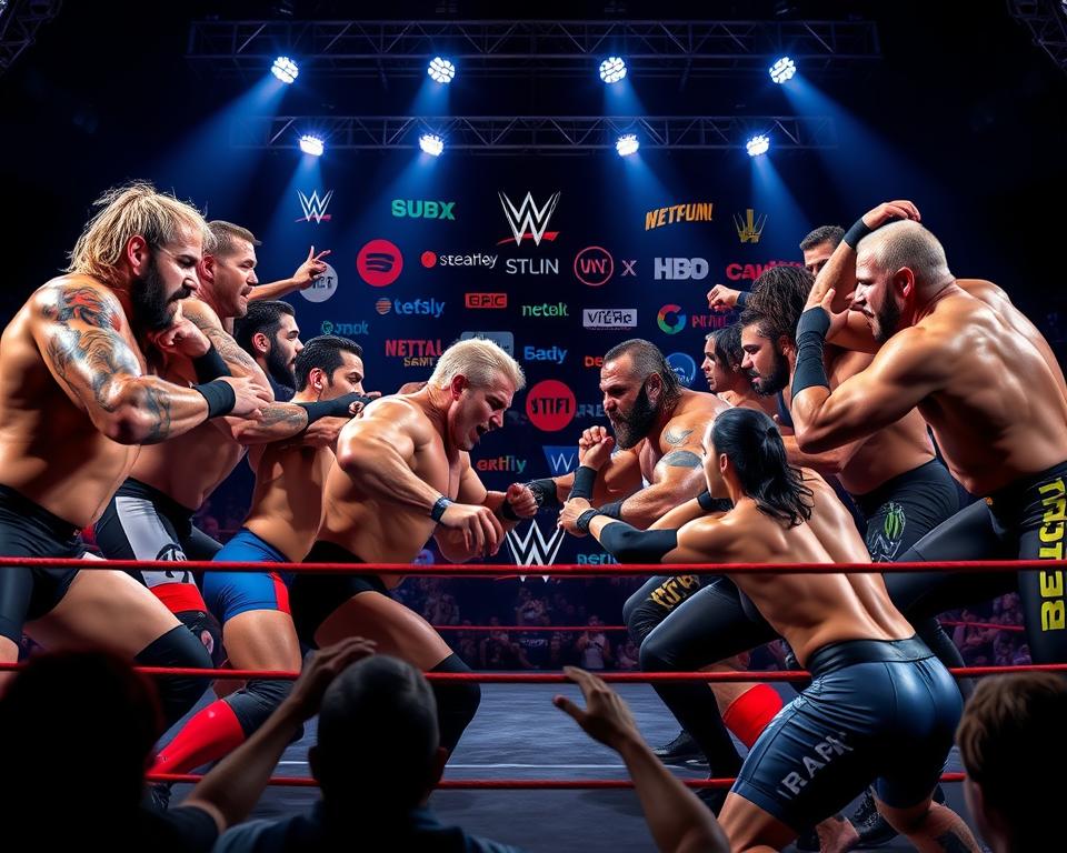 A vibrant scene of popular streaming platforms engaged in a dynamic wrestling match, set against a backdrop of a dimly lit arena. In the foreground, muscular wrestlers representing various streaming services grapple and clash, their expressions intense as they compete for the title of the ultimate entertainment provider. The middle ground is a swirl of colorful logos and recognizable branding, adding energy and excitement to the scene. The background is a shadowy, dramatic stage, with dramatic lighting casting long shadows and creating a sense of intensity and high-stakes competition. The overall mood is one of action, excitement, and the fierce rivalry between leading streaming platforms vying for the attention and loyalty of wrestling fans.