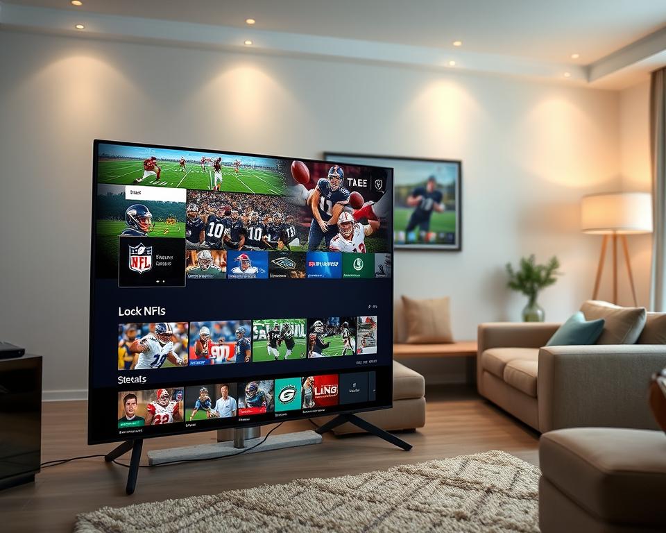 A vibrant streaming display showcasing the dynamic NFL experience. In the foreground, a sleek smart TV with a clean, modern interface showcases various NFL teams and games. The middle ground features a cozy living room setting, with a comfortable sofa and a plush rug, creating an inviting atmosphere for the ultimate NFL viewing experience. The background subtly hints at the flexibility of the streaming setup, with subtle lighting and a minimalist decor that seamlessly blends with the overall composition. The entire scene exudes a sense of convenience, comfort, and the ability to enjoy the thrilling action of the NFL from the comfort of one's own home.