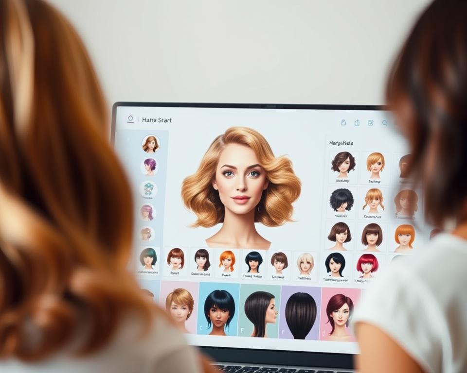 A vibrant, user-friendly online platform where a person can virtually experiment with different hair styles and colors. The foreground depicts a stylish, modern-looking website interface with a central face model that can be customized. The middle ground showcases a variety of hair style options and color swatches that the user can mix and match. The background is a softly blurred gradient, creating a sense of depth and focus on the customization experience. The lighting is natural and slightly diffused, highlighting the details of the hair and website interface. The overall mood is one of creativity, experimentation, and personalization, reflecting the section's focus on the best online platform for trying out new looks.
