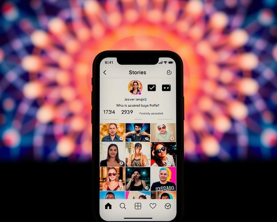 A visually captivating Instagram Stories interface, showcasing a vibrant grid of user profile views. In the foreground, a smartphone screen displays the Stories viewer, providing insights into who has accessed the profile. The middle ground features a sleek, minimalist design with clean typography and intuitive user controls. In the background, a blurred, abstract pattern suggests the vast connectivity of social media. Warm lighting casts a soft, inviting glow, while the overall composition conveys a sense of empowerment and understanding over one's online presence.