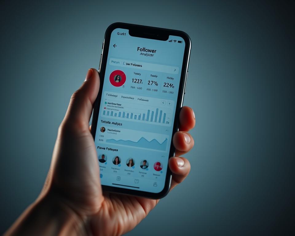 A visually striking, realistic image of a smartphone screen displaying a "Follower Analyzer" app interface. The screen shows detailed analytics and insights about the user's Instagram followers, including graphs, charts, and user profile thumbnails. The interface is sleek and modern, with a clean, minimalist design. The scene is illuminated by soft, directional lighting, creating depth and highlighting the screen's details. The smartphone is held in an artistic, three-quarter view, with a subtle bokeh effect in the background to draw the viewer's focus to the app. The overall mood is one of productivity and empowerment, reflecting the ability to deeply understand one's Instagram audience. A visually striking, realistic image of a smartphone screen displaying a "Follower Analyzer" app interface. The screen shows detailed analytics and insights about the user's Instagram followers, including graphs, charts, and user profile thumbnails. The interface is sleek and modern, with a clean, minimalist design. The scene is illuminated by soft, directional lighting, creating depth and highlighting the screen's details. The smartphone is held in an artistic, three-quarter view, with a subtle bokeh effect in the background to draw the viewer's focus to the app. The overall mood is one of productivity and empowerment, reflecting the ability to deeply understand one's Instagram audience.