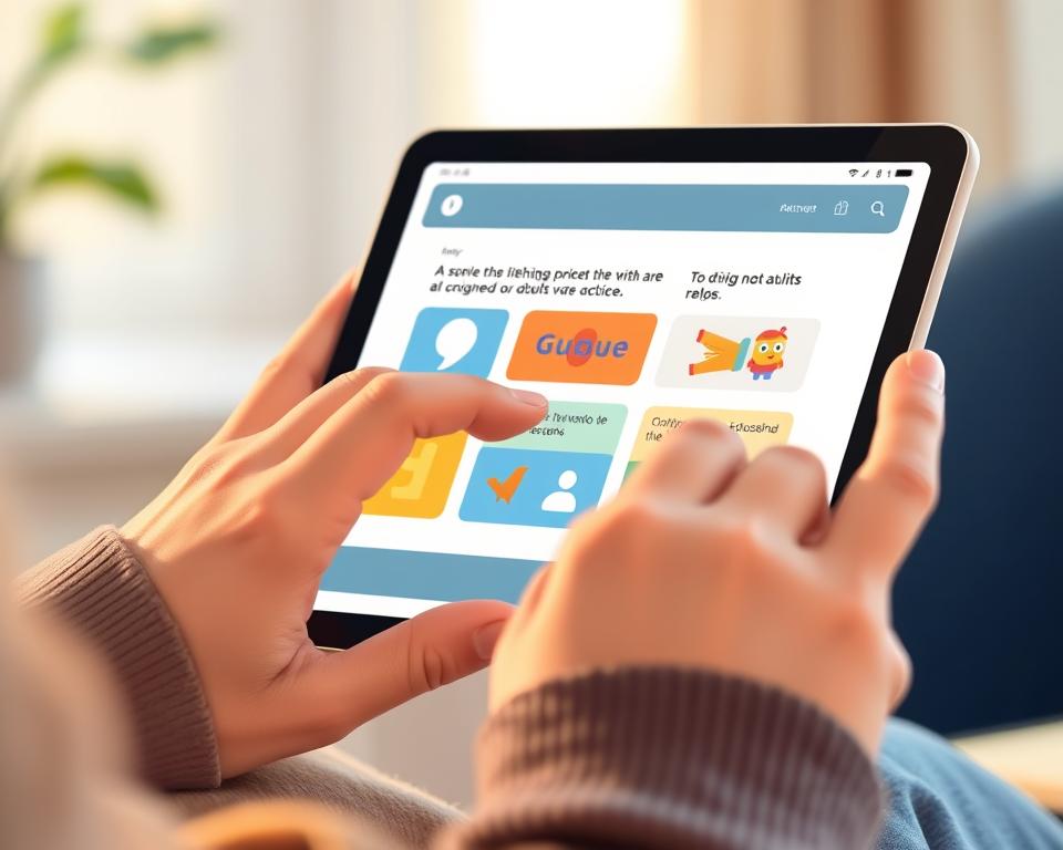 A warm, inviting illustration of an adult literacy app in use. A close-up view of a person's hands interacting with a tablet device, the screen displaying simple, colorful educational content designed for adult learners. The background is blurred, keeping the focus on the app interface. Soft, natural lighting casts a gentle glow, creating a calm, supportive atmosphere. The overall aesthetic is clean, modern, and approachable, reflecting an effective, user-friendly learning tool.
