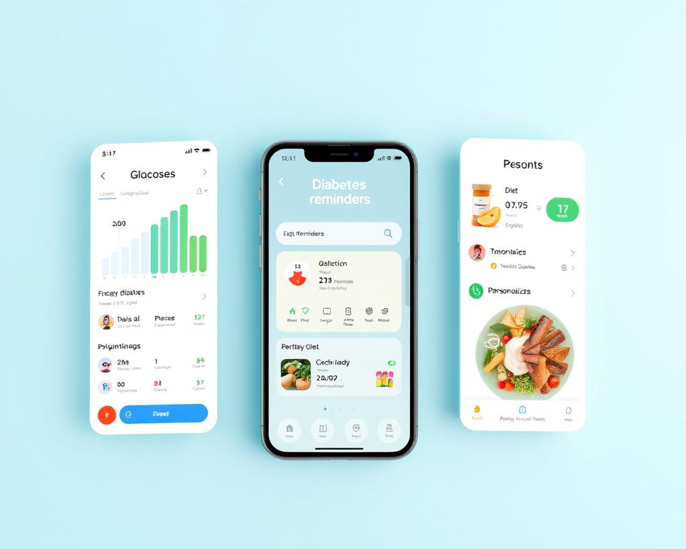 A well-designed and visually appealing mobile app interface showcasing various diabetes management features such as glucose tracking, medication reminders, and personalized diet recommendations. The screen is set against a clean, minimalist background with a soothing color palette of blues and greens to convey a sense of calm and control. The user interface should be intuitive and easy to navigate, with clear icons and typography that enhance the overall user experience. The image should capture the essence of an "ideal" diabetes management app that is tailored to the user's specific needs and preferences. A well-designed and visually appealing mobile app interface showcasing various diabetes management features such as glucose tracking, medication reminders, and personalized diet recommendations. The screen is set against a clean, minimalist background with a soothing color palette of blues and greens to convey a sense of calm and control. The user interface should be intuitive and easy to navigate, with clear icons and typography that enhance the overall user experience. The image should capture the essence of an "ideal" diabetes management app that is tailored to the user's specific needs and preferences.