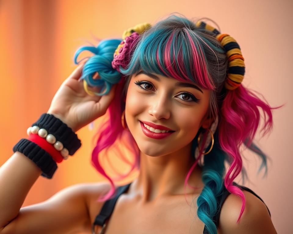 A young woman with vibrant, playful hair colors, styling an array of fashionable hair accessories against a soft, blurred background. Warm, diffused lighting creates a warm, inviting atmosphere. The model strikes a confident, joyful pose, highlighting the versatility and fun of experimenting with virtual hairstyles and colors. The scene conveys a sense of creativity, self-expression, and the freedom to try on different looks without commitment.