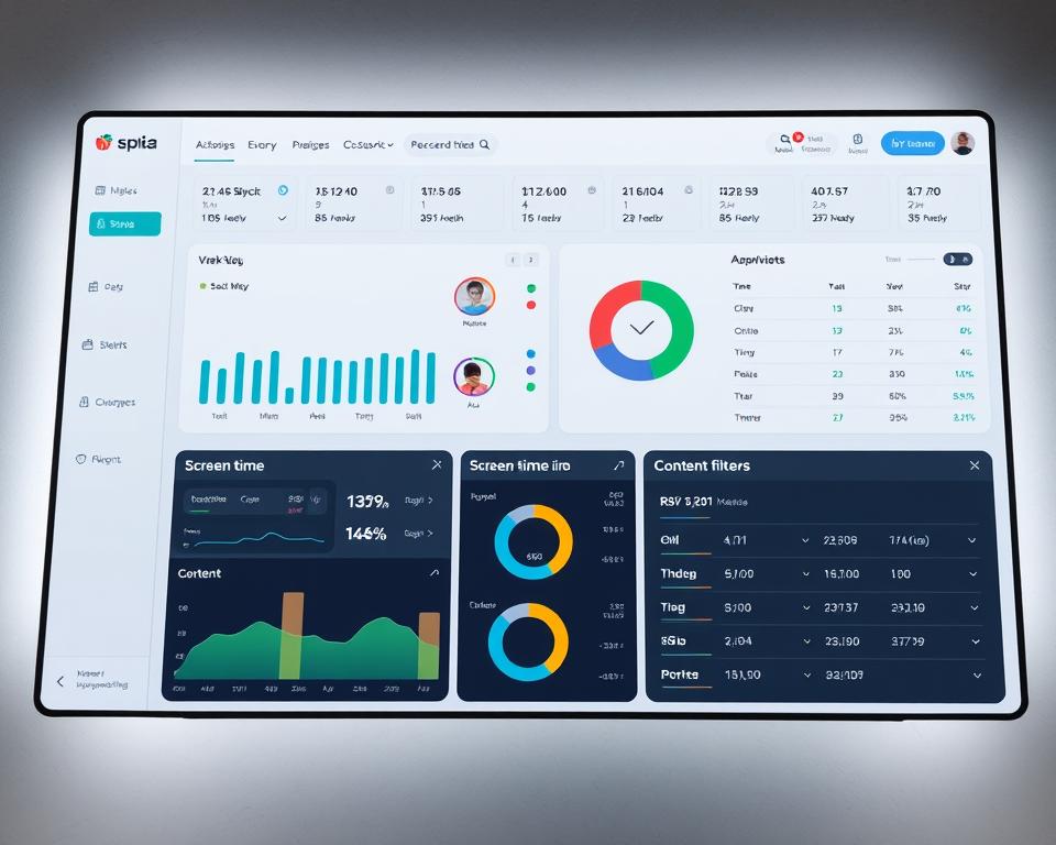 Detailed visual reports for parental control with an intuitive interface. A well-organized dashboard showcasing children's online activity, screen time, and content filters, displayed in a clean and modern design. Soft lighting illuminates the sleek, responsive user interface, with subtle gradients and clean typography for optimal readability. The composition highlights the seamless integration of data visualizations and customizable settings, conveying a sense of control and transparency for concerned parents.