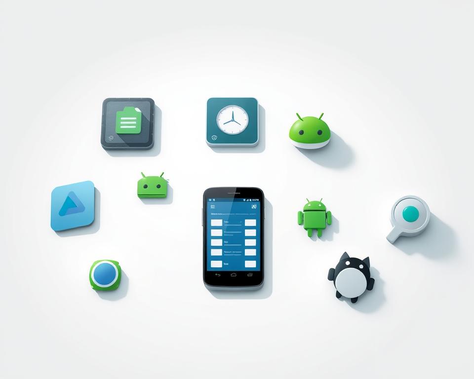 High-resolution digital illustration of a collection of Android mobile apps designed to optimize device memory, presented in a clean, minimalist style. The apps are arranged neatly on a white background, with subtle shadows and highlights to give depth and dimensionality. The overall composition is balanced and visually appealing, showcasing the apps in an organized and professional manner. The lighting is soft and diffused, creating a calm, serene atmosphere. The color palette is muted, using shades of blue, green, and gray to convey a sense of efficiency and productivity.
