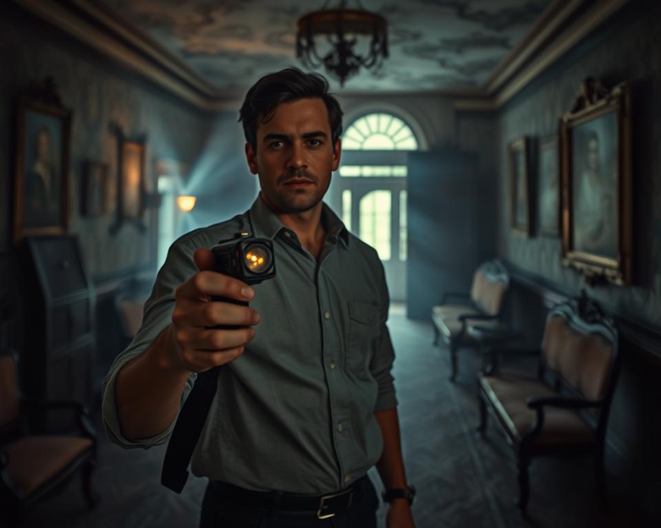 A captivating scene of a ghost hunting activity at twilight in an old, eerie mansion. In the foreground, a professional ghost hunter dressed in modest casual clothing holds a high-tech ghost detection device, their expression focused and determined. The middle ground features dimly lit corridors with antique furniture and shadowy shapes, enhancing the suspenseful atmosphere. The background reveals dilapidated walls adorned with faded portraits, and wisps of mist creeping in from cracked windows. Soft, atmospheric lighting casts long shadows, creating an otherworldly mood. Capture the feeling of adventure and anticipation as the hunter prepares for an encounter, emphasizing the thrilling essence of ghost hunting.