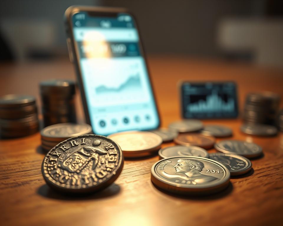 A carefully arranged collection of rare coins displayed on a polished wooden surface. In the foreground, focus on two or three coins with unique, intricate designs, such as an ancient Roman coin and a commemorative mint. The middle ground features a bright, softly diffused light illuminating the coins, highlighting their details and textures, while casting gentle shadows. In the background, a blurred image of a high-tech mobile app interface showcasing a coin identification feature, with charts and historical data faintly visible. The atmosphere is one of precision and reliability, evoking a sense of trust in the identification process. The shot is taken from a slight overhead angle, using a macro lens to capture the fine details of the coins, with a warm color palette that enhances the feeling of authenticity.