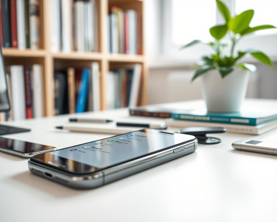 A clean and modern workspace featuring an iOS device on a sleek desk, surrounded by various digital tools for memory management. In the foreground, a close-up view of the iPhone screen displays the settings menu with clear icons suggesting storage optimization and space-saving solutions. The background showcases a softly blurred bookshelf filled with tech books, and a potted plant adds a touch of freshness. The lighting is bright and natural, filtering through a window, creating a warm and inviting atmosphere. The overall mood is one of efficiency and productivity, emphasizing the importance of keeping mobile devices clutter-free. The scene captures the essence of innovative solutions for iOS devices in a visually appealing manner.