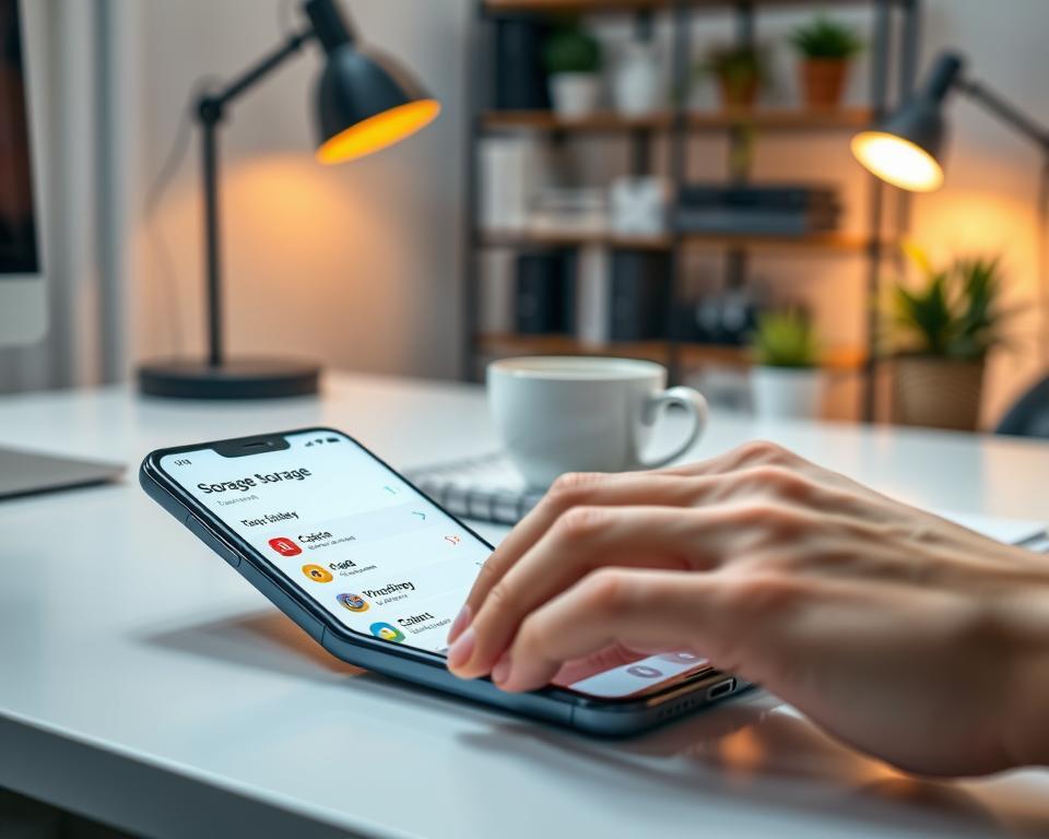 A close-up scene depicting a smartphone on a sleek, modern desk, with fingers gently tapping on a clean interface displaying a storage management app. The foreground features the phone with a vibrant screen showing cache and gallery options highlighted, while a cup of coffee, notebook, and pen are subtly positioned alongside it. The middle ground presents a blurred view of a cozy workspace, lit by warm, soft lighting from a desk lamp. In the background, a neatly organized shelf with tech gadgets and plants adds a professional atmosphere. The overall mood is one of efficiency and control, emphasizing the process of manual cleaning and optimizing space on a mobile device. A close-up scene depicting a smartphone on a sleek, modern desk, with fingers gently tapping on a clean interface displaying a storage management app. The foreground features the phone with a vibrant screen showing cache and gallery options highlighted, while a cup of coffee, notebook, and pen are subtly positioned alongside it. The middle ground presents a blurred view of a cozy workspace, lit by warm, soft lighting from a desk lamp. In the background, a neatly organized shelf with tech gadgets and plants adds a professional atmosphere. The overall mood is one of efficiency and control, emphasizing the process of manual cleaning and optimizing space on a mobile device.