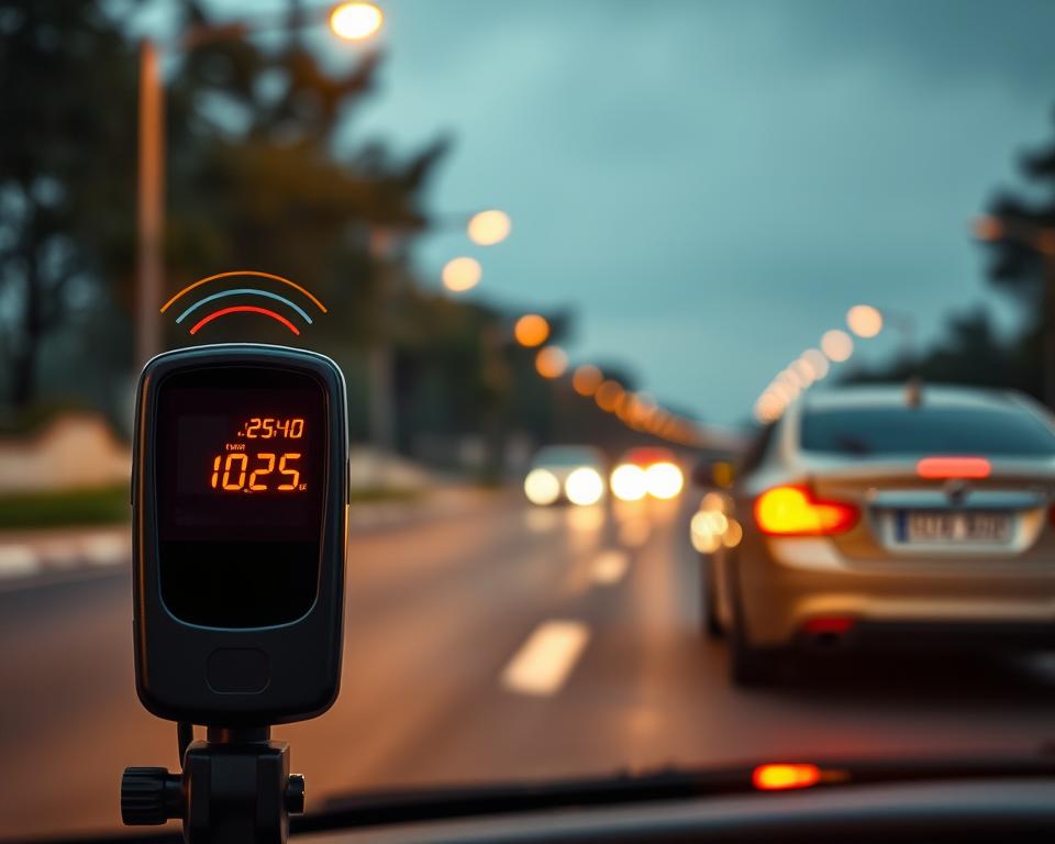 A close-up view of a modern radar speed detection device prominently displayed in the foreground, highlighting the alert sound feature with dynamic visual vibrations to represent the beeping alerts. The device should be sleek and high-tech, featuring a luminous LED display that shows speed readings. In the middle ground, a blurred out view of a car driving at speed, which seems to be reacting to the radar alert, creating a sense of urgency. In the background, a softly lit, urban road scene at dawn, with subtle streetlights and trees softly illuminated. The atmosphere is tense yet focused, emphasizing the simplicity and effectiveness of radar alerts. The lighting is warm and inviting, creating a professional yet approachable mood.