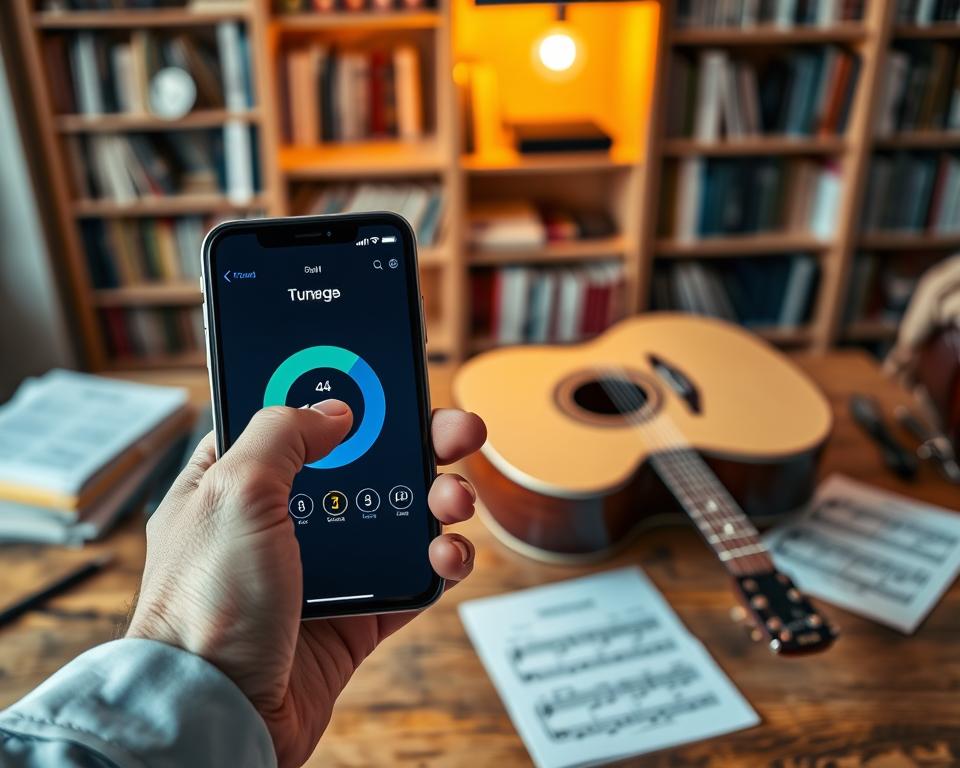 A close-up view of a modern smartphone displaying a digital guitar tuner app interface, featuring vibrant colors and clear indicators. In the foreground, the hand of a person, dressed in professional casual attire, is carefully navigating the app, showcasing the touch interface. In the middle ground, a beautifully set up workspace with an acoustic guitar resting on a wooden table, and scattered sheet music, adds context to the scene. The background features a soft-focus bookshelf filled with music books and a warm, inviting light source, creating a cozy atmosphere. The overall mood is focused and intent, reflecting a sense of exploration and discovery in choosing the right guitar tuner app. The image should be brightly lit, with a slight depth of field effect. A close-up view of a modern smartphone displaying a digital guitar tuner app interface, featuring vibrant colors and clear indicators. In the foreground, the hand of a person, dressed in professional casual attire, is carefully navigating the app, showcasing the touch interface. In the middle ground, a beautifully set up workspace with an acoustic guitar resting on a wooden table, and scattered sheet music, adds context to the scene. The background features a soft-focus bookshelf filled with music books and a warm, inviting light source, creating a cozy atmosphere. The overall mood is focused and intent, reflecting a sense of exploration and discovery in choosing the right guitar tuner app. The image should be brightly lit, with a slight depth of field effect.