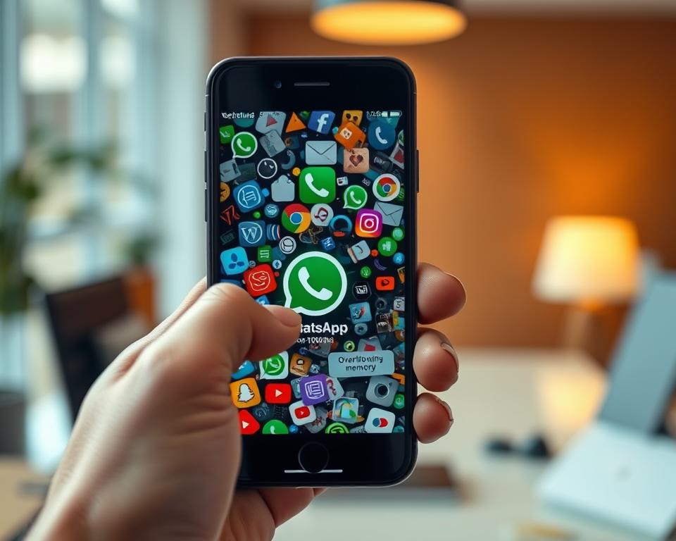 A cluttered smartphone screen displaying the WhatsApp icon, surrounded by a jumble of overflowing memory icons and storage alerts. In the foreground, a person's hand wields the smartphone, fingers poised to tap the screen, symbolizing the struggle with digital clutter. The middle layer showcases a vibrant, chaotic mix of app icons, emphasizing the overwhelming nature of storage issues, particularly from WhatsApp's multimedia files. In the background, a soft, slightly blurred office setting conveys a professional atmosphere, with warm lighting creating an inviting yet urgent mood. The angle is slightly tilted to enhance the sense of action and immediacy, highlighting the pressing need for storage optimization. The overall tone is a blend of frustration and determination, capturing the essence of managing smartphone memory effectively.