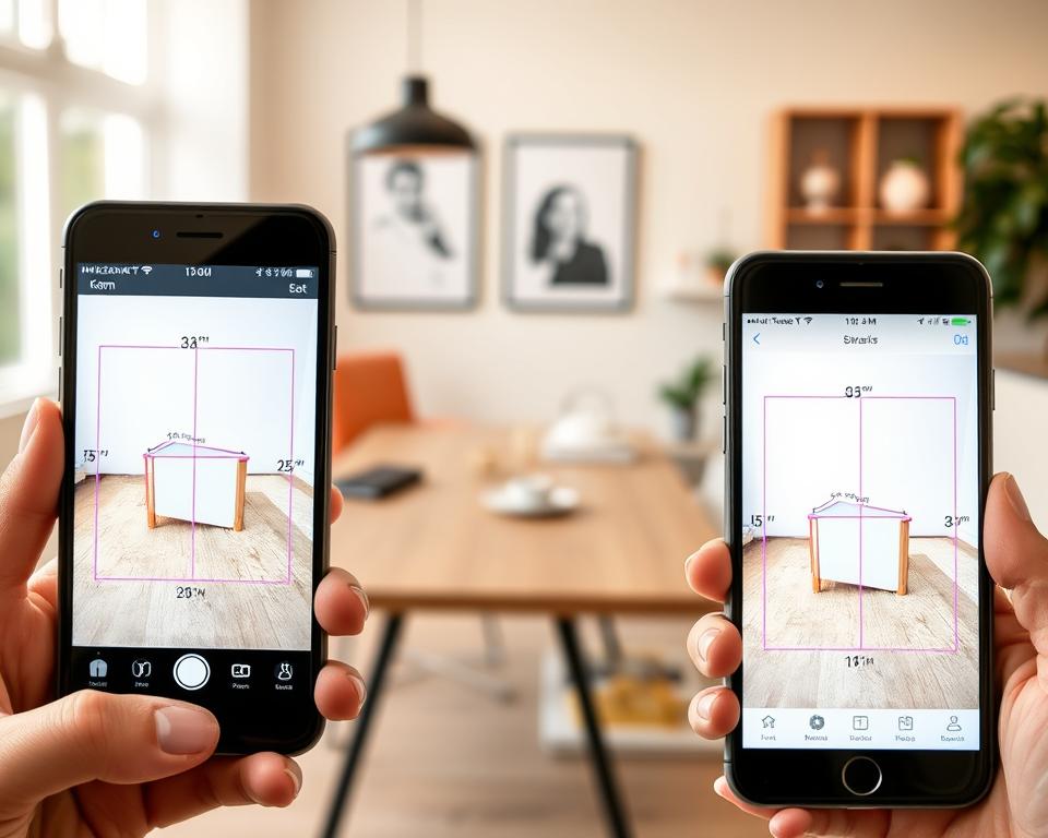 A comparison of augmented reality measurement apps, focusing on vibrant smartphone screens displaying interactive measurement tools. In the foreground, two smartphones each show app interfaces overlaying a real-world object, like a piece of furniture or a wall, with digital measurement lines and annotations. The middle ground features a modern workspace, with a sleek desk and minimalistic decor, highlighting a professional atmosphere. The background is softly blurred to emphasize the apps, with warm, natural lighting to create a welcoming feel. The scene captures a blend of technology and usability, invoking curiosity and the convenience of measuring objects using mobile devices.