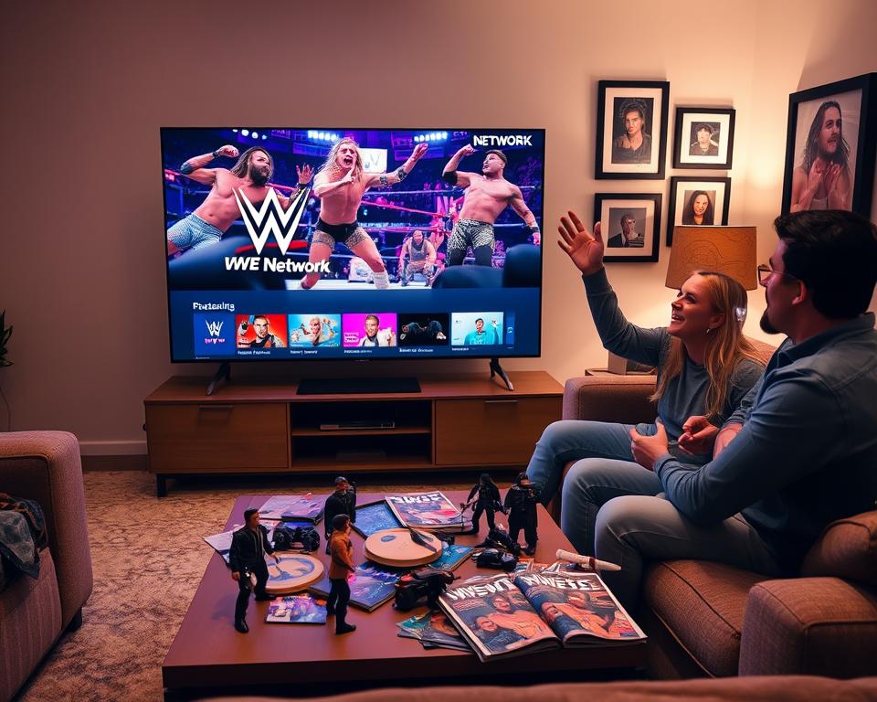 A cozy living room scene featuring a stylish, large television screen displaying the WWE Network streaming interface. In the foreground, a couple of fans, dressed in casual yet neat clothing, are sitting on a comfortable sofa, cheering enthusiastically as they watch a wrestling match. The room is warmly lit, with soft lighting creating an inviting atmosphere. In the middle ground, a coffee table is scattered with wrestling memorabilia, such as action figures and program magazines. The background shows a well-decorated wall featuring framed pictures of legendary wrestlers, enhancing the hardcore fan vibe. The angle captures the excitement and engagement of the fans, creating a lively mood that embodies the spirit of watching WWE.