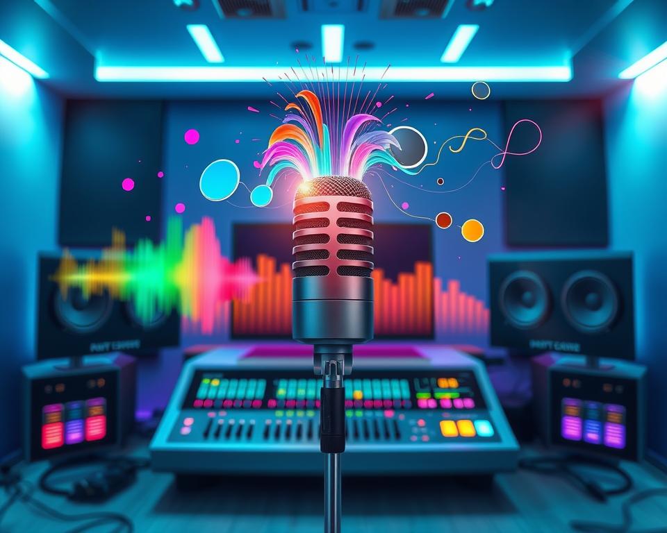 A futuristic audio studio filled with vibrant visual elements representing unique vocal transformation effects. In the foreground, a modern microphone emits colorful sound waves that morph into various abstract shapes symbolizing different voice modifications. The middle ground shows a sleek digital interface with sliders and visual meters, surrounded by glowing sound equalizers. The background features soft, ethereal lighting in a gradient of blues and purples, creating a dreamy ambiance. Lens flare effects add a sense of magic to the scene. The atmosphere is creative and dynamic, inviting viewers to explore innovative voice transformation possibilities. The setting is clean and professional, designed to inspire creativity and intrigue. A futuristic audio studio filled with vibrant visual elements representing unique vocal transformation effects. In the foreground, a modern microphone emits colorful sound waves that morph into various abstract shapes symbolizing different voice modifications. The middle ground shows a sleek digital interface with sliders and visual meters, surrounded by glowing sound equalizers. The background features soft, ethereal lighting in a gradient of blues and purples, creating a dreamy ambiance. Lens flare effects add a sense of magic to the scene. The atmosphere is creative and dynamic, inviting viewers to explore innovative voice transformation possibilities. The setting is clean and professional, designed to inspire creativity and intrigue.