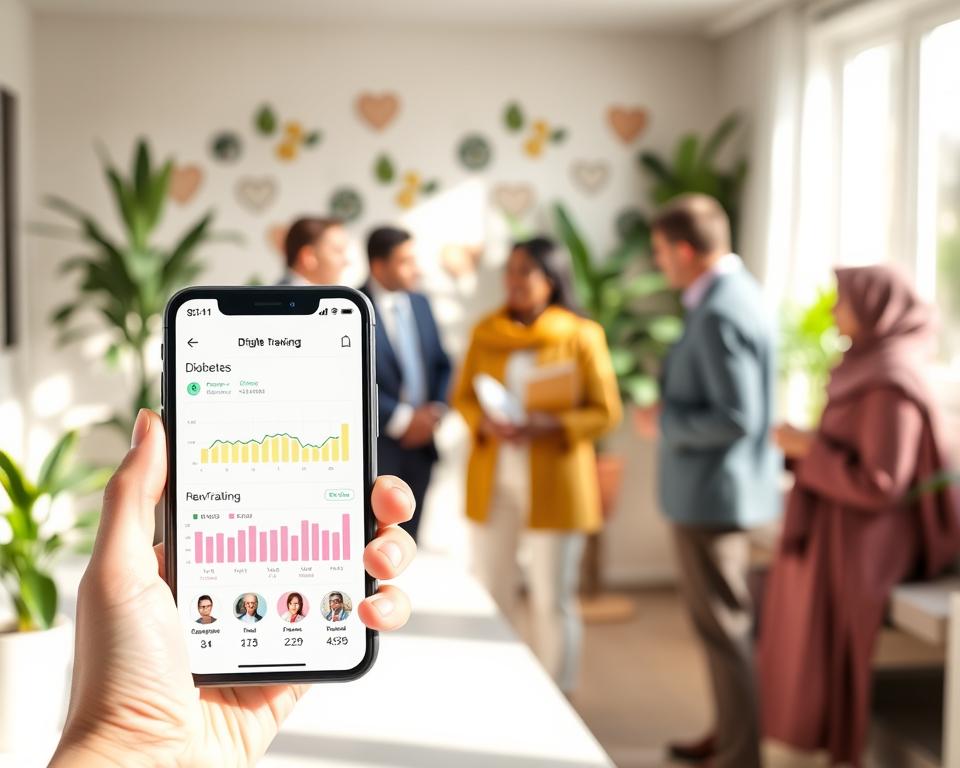 A modern, bright digital health interface showcasing the benefits of diabetes management apps. In the foreground, depict a smartphone displaying a user-friendly glucose tracking app with colorful graphs and notifications. In the middle ground, include a diverse group of individuals, dressed in professional and modest casual clothing, engaged in discussions about health and wellness, symbolizing community support. The background features a calming, soft-lit room filled with greenery and health-related motifs, suggesting a positive environment for managing diabetes. Use natural lighting with a focus on soft shadows to create an inviting atmosphere. The mood should feel hopeful and empowering, emphasizing the importance of technology in health management.