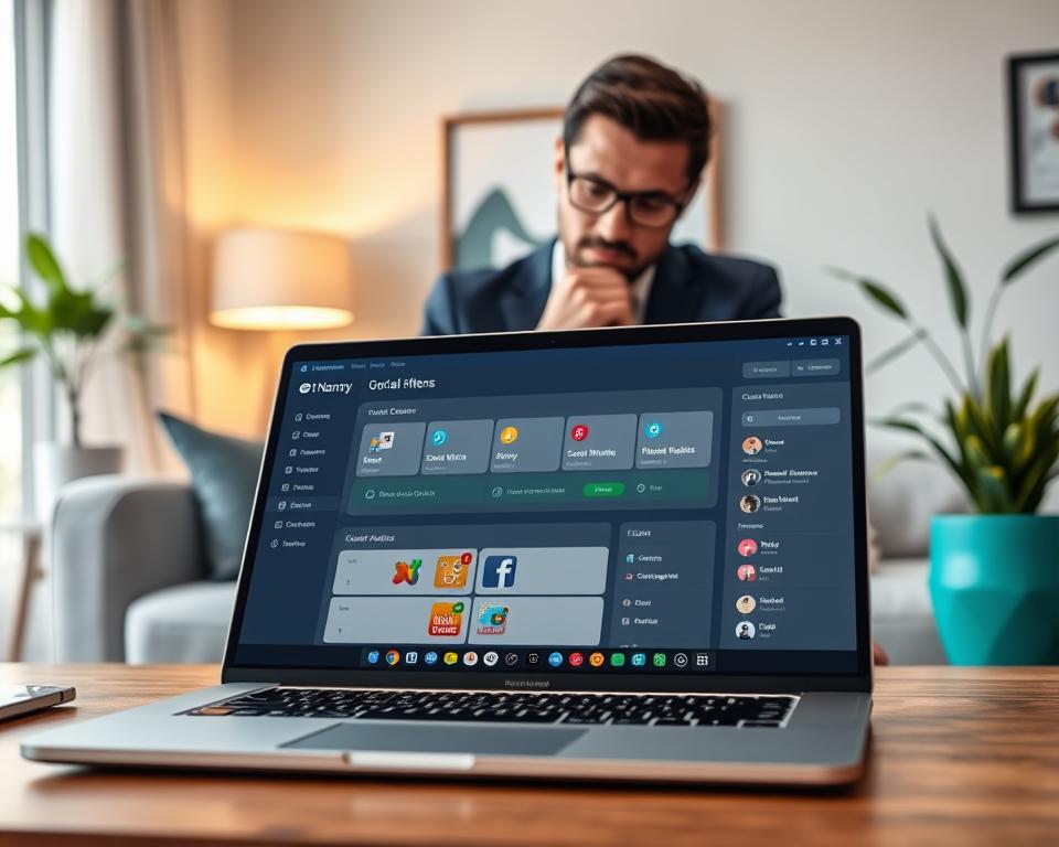 A modern digital workspace scene illustrating the concept of advanced parental control through Net Nanny's content filtering features. In the foreground, a sleek laptop is open, displaying an intuitive dashboard that highlights categories of filtered content, such as social media, games, and websites. The middle layer features a professional individual, dressed in smart casual attire, thoughtfully reviewing the filtered data on the screen. The background showcases a cozy yet modern home office with soft lighting, giving a warm and inviting atmosphere, while a potted plant adds a touch of greenery. The mood is focused and responsible, emphasizing the importance of digital safety and proactive parenting. Use a wide-angle lens to capture the entire scene, ensuring clarity and depth in details. A modern digital workspace scene illustrating the concept of advanced parental control through Net Nanny's content filtering features. In the foreground, a sleek laptop is open, displaying an intuitive dashboard that highlights categories of filtered content, such as social media, games, and websites. The middle layer features a professional individual, dressed in smart casual attire, thoughtfully reviewing the filtered data on the screen. The background showcases a cozy yet modern home office with soft lighting, giving a warm and inviting atmosphere, while a potted plant adds a touch of greenery. The mood is focused and responsible, emphasizing the importance of digital safety and proactive parenting. Use a wide-angle lens to capture the entire scene, ensuring clarity and depth in details.