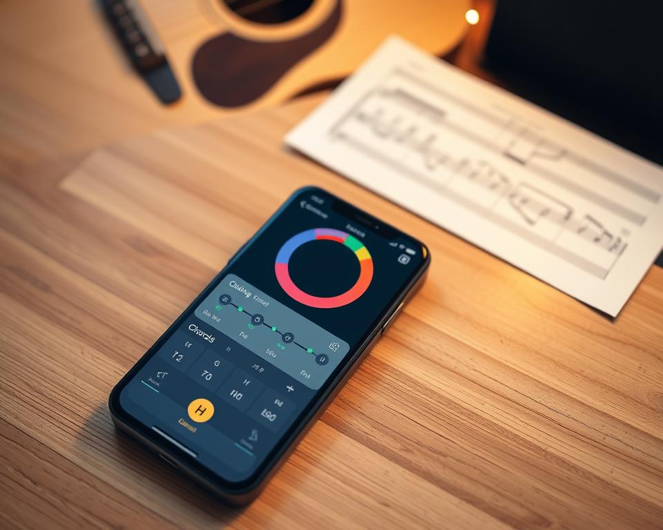 A modern guitar tuning app interface displayed on a sleek smartphone, prominently featuring a vibrant, user-friendly design. The screen shows a clear, colorful tuner with animated needle movement indicating pitch, alongside a section for guitar chord diagrams. The smartphone is placed on a wooden table with a natural grain finish, hinting at a cozy music studio atmosphere. In the background, soft, ambient lighting creates a warm glow, while blurred elements like an acoustic guitar and sheet music add depth. The overall mood is inviting and inspiring, ideal for musicians seeking the best tuning solutions. Capture this scene from a top-down angle, emphasizing the detailed app interface without any text, logos, or watermarks. A modern guitar tuning app interface displayed on a sleek smartphone, prominently featuring a vibrant, user-friendly design. The screen shows a clear, colorful tuner with animated needle movement indicating pitch, alongside a section for guitar chord diagrams. The smartphone is placed on a wooden table with a natural grain finish, hinting at a cozy music studio atmosphere. In the background, soft, ambient lighting creates a warm glow, while blurred elements like an acoustic guitar and sheet music add depth. The overall mood is inviting and inspiring, ideal for musicians seeking the best tuning solutions. Capture this scene from a top-down angle, emphasizing the detailed app interface without any text, logos, or watermarks.