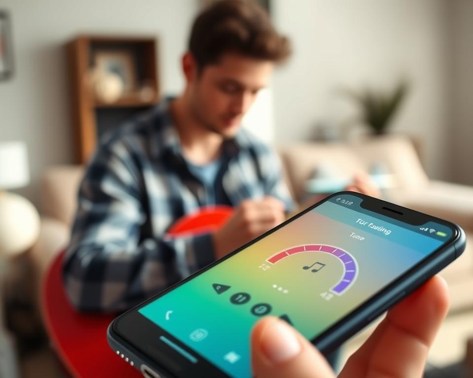 A modern mobile app interface for guitar tuning, prominently displayed on a sleek smartphone. The foreground features a clear, vibrant screen showing a colorful tuner with a needle and musical notes. In the middle ground, a person in casual attire, focused on their phone, with fingers tapping the screen to adjust the tuning. The background is softly blurred, suggesting a cozy living room setting with a well-lit ambiance that feels inviting and creative. Natural lighting illuminates the smartphone screen, enhancing visibility of the app features. The overall mood is inspiring and engaging, appealing to music enthusiasts looking for the ideal tuning app, capturing both functionality and user experience.