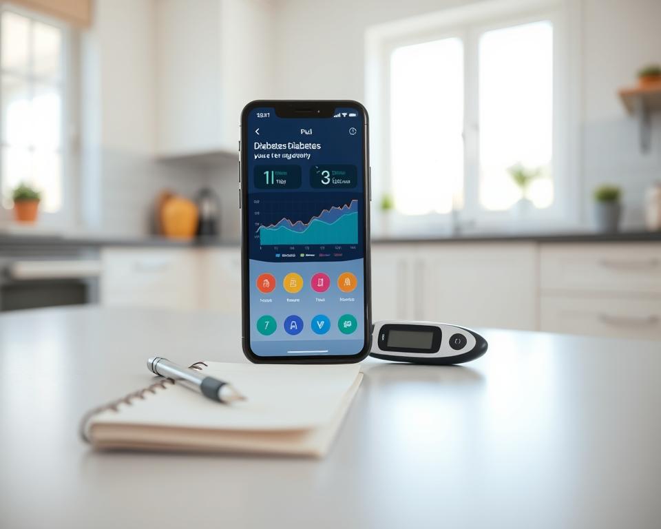 A modern smartphone displaying a diabetes management app interface, set against a clean, bright background. In the foreground, the phone screen shows colorful graphs and glucose readings. Beside the phone, a notepad with a pen and a glucose meter creates a dynamic composition. In the middle ground, a bright, airy kitchen setting enhances the focus on health and wellness. Soft natural light filters through a window, creating a warm and inviting atmosphere. The scene captures a sense of control and empowerment in managing diabetes, promoting a positive and proactive approach to health. The overall mood is hopeful and inspiring, encouraging viewers to take charge of their diabetes management efficiently.