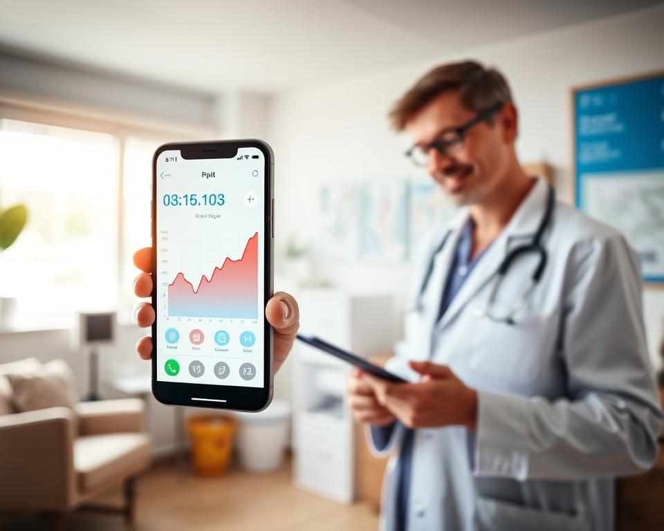 A modern smartphone displaying a sleek glucose monitoring app interface, showcasing a vibrant graph of blood sugar levels. In the foreground, a caring healthcare professional in a lab coat is attentively pointing at the phone screen, with a clipboard in their other hand, symbolizing expert advice. In the middle background, a cozy, well-lit consultation room filled with medical equipment and charts on the walls to signify a professional atmosphere. Soft sunlight filters through a window, casting a warm glow that creates a welcoming mood. The overall image should suggest reliability and expertise in diabetes management, without any text or logos, aiming for clarity and focus on the app itself and the collaboration between technology and healthcare. A modern smartphone displaying a sleek glucose monitoring app interface, showcasing a vibrant graph of blood sugar levels. In the foreground, a caring healthcare professional in a lab coat is attentively pointing at the phone screen, with a clipboard in their other hand, symbolizing expert advice. In the middle background, a cozy, well-lit consultation room filled with medical equipment and charts on the walls to signify a professional atmosphere. Soft sunlight filters through a window, casting a warm glow that creates a welcoming mood. The overall image should suggest reliability and expertise in diabetes management, without any text or logos, aiming for clarity and focus on the app itself and the collaboration between technology and healthcare.