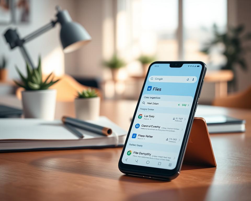 A modern smartphone displaying the "Files by Google" app on its screen, showcasing a vibrant user interface with organized file categories and cleaning suggestions. In the foreground, the phone is placed on a sleek wooden desk, accompanied by a minimalist desk plant and a stylish notebook. The middle ground features an inviting workspace with soft natural lighting filtering through a window, casting gentle shadows. In the background, a blurred abstract office setting conveys a productive, tech-savvy atmosphere. Capture the essence of digital organization and efficiency, highlighting the importance of memory management for Android users. Use a warm color palette to evoke a sense of calm and productivity, and ensure a clear focus on the app’s interface without any distractions.