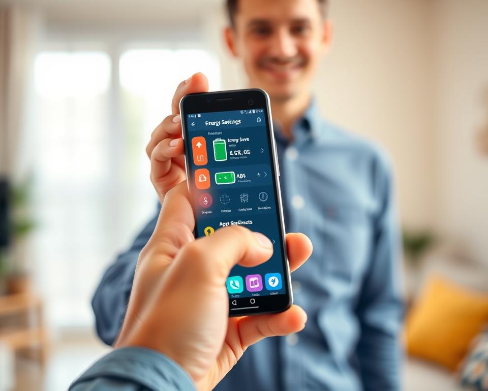 A modern smartphone screen displaying various energy-saving widgets, designed with sleek, user-friendly interfaces. In the foreground, show colorful icons representing battery optimization settings, including energy-saving modes and app shortcuts. The middle ground features a person's hand interacting with the screen, portrayed in a casual yet professional manner, wearing a smart shirt. The background includes a subtle, blurred home environment with soft natural lighting filtering through a window, creating a warm and inviting atmosphere. The focus should be on the screen's vibrant display, showcasing how users can easily control their device's battery settings with practical widgets. An optimistic and engaging mood should permeate the scene, emphasizing the ease of maximizing battery life.