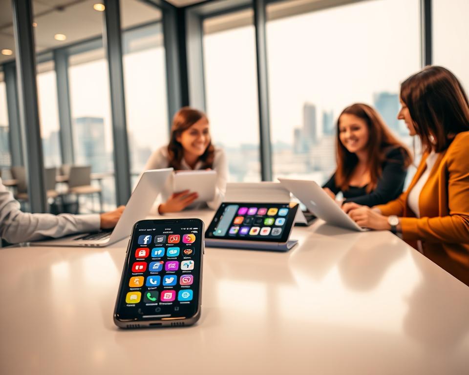 A modern workspace featuring a diverse group of three professional individuals, one male and two females, seated at a sleek table while discussing the best app for learning English. They are surrounded by laptops and tablets displaying various language learning applications. The foreground includes a close-up of a smartphone with vibrant app icons related to English learning. In the middle, the professionals are engaged, smiling, and taking notes. The background features a soft-focus city skyline through a large window, and warm, inviting lighting floods the room, creating a collaborative atmosphere. The image conveys a sense of exploration and discovery, emphasizing the theme of making informed choices for language learning. A modern workspace featuring a diverse group of three professional individuals, one male and two females, seated at a sleek table while discussing the best app for learning English. They are surrounded by laptops and tablets displaying various language learning applications. The foreground includes a close-up of a smartphone with vibrant app icons related to English learning. In the middle, the professionals are engaged, smiling, and taking notes. The background features a soft-focus city skyline through a large window, and warm, inviting lighting floods the room, creating a collaborative atmosphere. The image conveys a sense of exploration and discovery, emphasizing the theme of making informed choices for language learning.