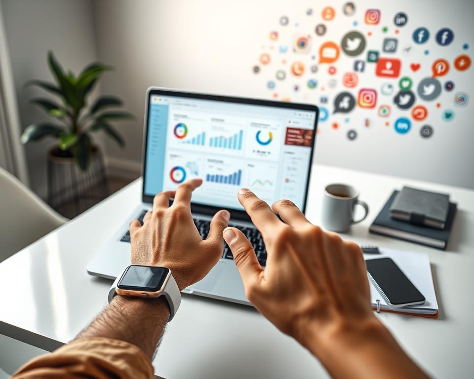 A modern workspace featuring a sleek laptop open to a vivid dashboard displaying analytics graphs and charts related to followers and visitor engagement from social media profiles. In the foreground, a pair of hands wearing a smart watch gestures towards the screen, showcasing interaction with the data. The middle ground includes a stylish desk with a smartphone, a coffee mug, and notebooks arranged neatly. Soft, natural light streams in from a nearby window, illuminating the scene and creating an inviting atmosphere. The background features a blurred abstract of social media icons subtly integrated into the design, conveying a digital environment. The overall mood is professional and focused, emphasizing the analysis and insights provided by the Reports + Followers Analytics tool.