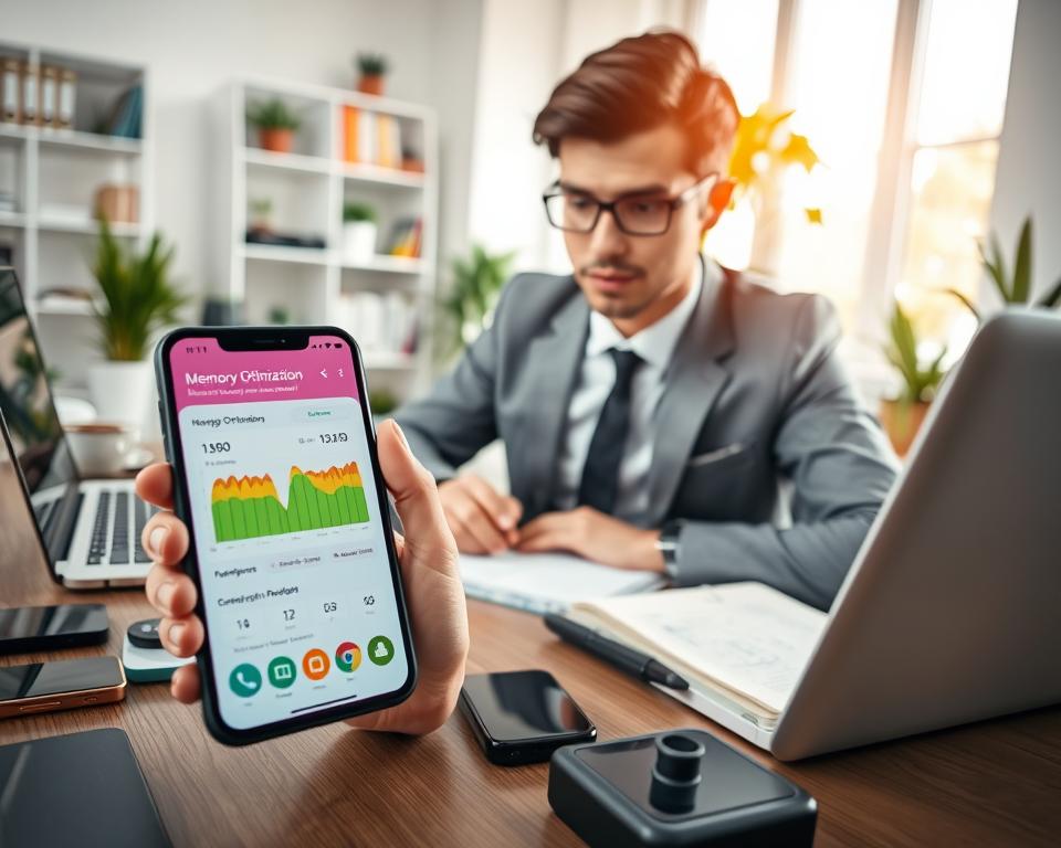 A professional-looking individual in business attire, sitting at a modern desk cluttered with mobile devices and tech gadgets, intently analyzing a smartphone screen. The foreground features a colorful smartphone displaying a memory optimization app, with numeric data and graphs visible. In the middle, a laptop and a notepad with handwritten notes emphasize the decision-making process. In the background, a bright, well-lit office environment with potted plants and shelves of tech books creates an inspiring atmosphere. Soft, natural lighting from a nearby window illuminates the scene, enhancing a focused and analytical mood. The angle is slightly above eye level, providing a clear view of the individual’s thoughtful expression as they consider which app to choose. A professional-looking individual in business attire, sitting at a modern desk cluttered with mobile devices and tech gadgets, intently analyzing a smartphone screen. The foreground features a colorful smartphone displaying a memory optimization app, with numeric data and graphs visible. In the middle, a laptop and a notepad with handwritten notes emphasize the decision-making process. In the background, a bright, well-lit office environment with potted plants and shelves of tech books creates an inspiring atmosphere. Soft, natural lighting from a nearby window illuminates the scene, enhancing a focused and analytical mood. The angle is slightly above eye level, providing a clear view of the individual’s thoughtful expression as they consider which app to choose.