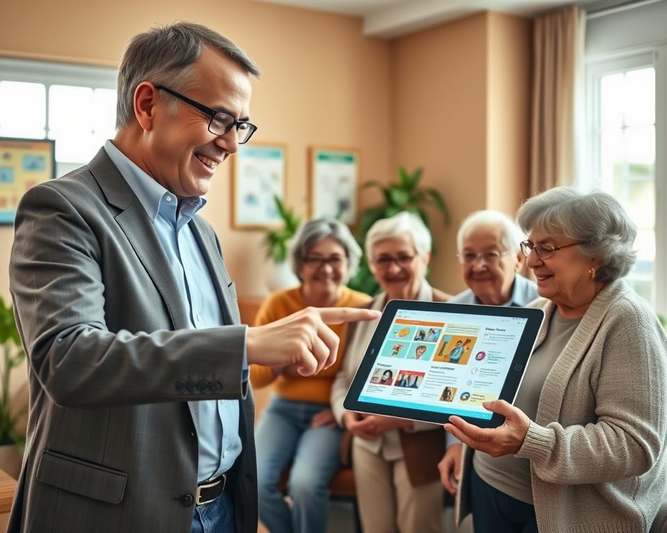A serene, inviting room filled with natural light, featuring a friendly adult educator in professional attire guiding a group of older adults engaged in using a tablet to learn literacy skills. The foreground showcases the educator pointing at the screen, emphasizing a bright and user-friendly interface on the tablet that highlights educational apps. In the middle, older adults, portrayed in modest casual clothing, appear focused and excited, engaged in discussion and collaboration as they explore the app’s features. The background includes warm, neutral-colored walls adorned with educational posters and plants, creating a comfortable learning environment. The mood is supportive, encouraging, and inspiring, depicting a positive atmosphere for adult literacy education. The lighting is soft and even, enhancing the warm ambience of the room, captured from a slightly elevated angle to encompass the scene. A serene, inviting room filled with natural light, featuring a friendly adult educator in professional attire guiding a group of older adults engaged in using a tablet to learn literacy skills. The foreground showcases the educator pointing at the screen, emphasizing a bright and user-friendly interface on the tablet that highlights educational apps. In the middle, older adults, portrayed in modest casual clothing, appear focused and excited, engaged in discussion and collaboration as they explore the app’s features. The background includes warm, neutral-colored walls adorned with educational posters and plants, creating a comfortable learning environment. The mood is supportive, encouraging, and inspiring, depicting a positive atmosphere for adult literacy education. The lighting is soft and even, enhancing the warm ambience of the room, captured from a slightly elevated angle to encompass the scene.