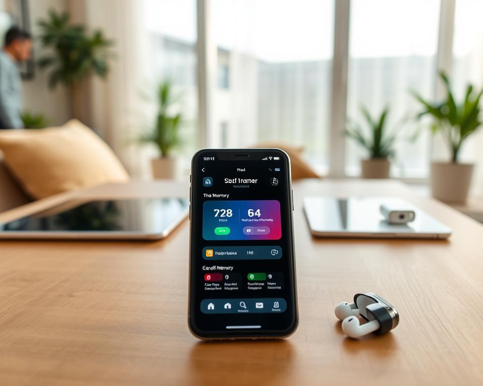 A sleek and modern iOS device sits prominently in the foreground, displaying an intuitive app interface designed to optimize phone storage and memory. The screen is illuminated with vibrant colors, showcasing features like memory statistics and user-friendly buttons. In the middle ground, a neatly organized workspace features additional technology gadgets, such as a tablet and wireless earbuds, symbolizing an ecosystem of smart solutions. The background includes a softly blurred home interior with natural light streaming through large windows, creating a warm and inviting atmosphere. The overall mood conveys professionalism and technological advancement, illustrating the theme of enhanced mobile performance through specialized iOS solutions. The image is crisp, shot from a slight angle to give depth, ensuring all elements are clearly visible without distraction. A sleek and modern iOS device sits prominently in the foreground, displaying an intuitive app interface designed to optimize phone storage and memory. The screen is illuminated with vibrant colors, showcasing features like memory statistics and user-friendly buttons. In the middle ground, a neatly organized workspace features additional technology gadgets, such as a tablet and wireless earbuds, symbolizing an ecosystem of smart solutions. The background includes a softly blurred home interior with natural light streaming through large windows, creating a warm and inviting atmosphere. The overall mood conveys professionalism and technological advancement, illustrating the theme of enhanced mobile performance through specialized iOS solutions. The image is crisp, shot from a slight angle to give depth, ensuring all elements are clearly visible without distraction.