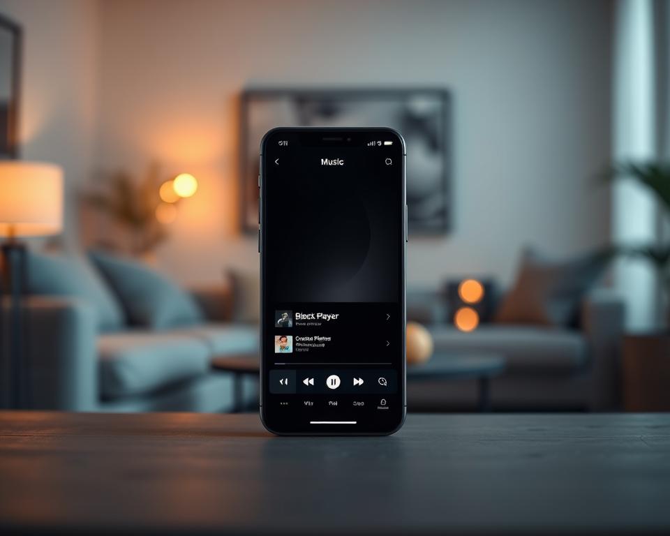 A sleek, minimalist design for the BlackPlayer app interface displayed on a modern smartphone. The foreground features the phone with a dark-themed, elegant app interface showcasing music playlists on the screen. The middle layer includes soft gradients that transition from deep blacks to subtle grays, enhancing the minimalistic feel. In the background, a softly blurred, cozy living space with warm lighting creates an inviting atmosphere, accentuating the app's elegance. The scene is shot from a slightly elevated angle, reminiscent of a lifestyle photography style that emphasizes sophistication. The overall mood is calm and sophisticated, perfect for enjoying classic music in a stylish, modern setting.