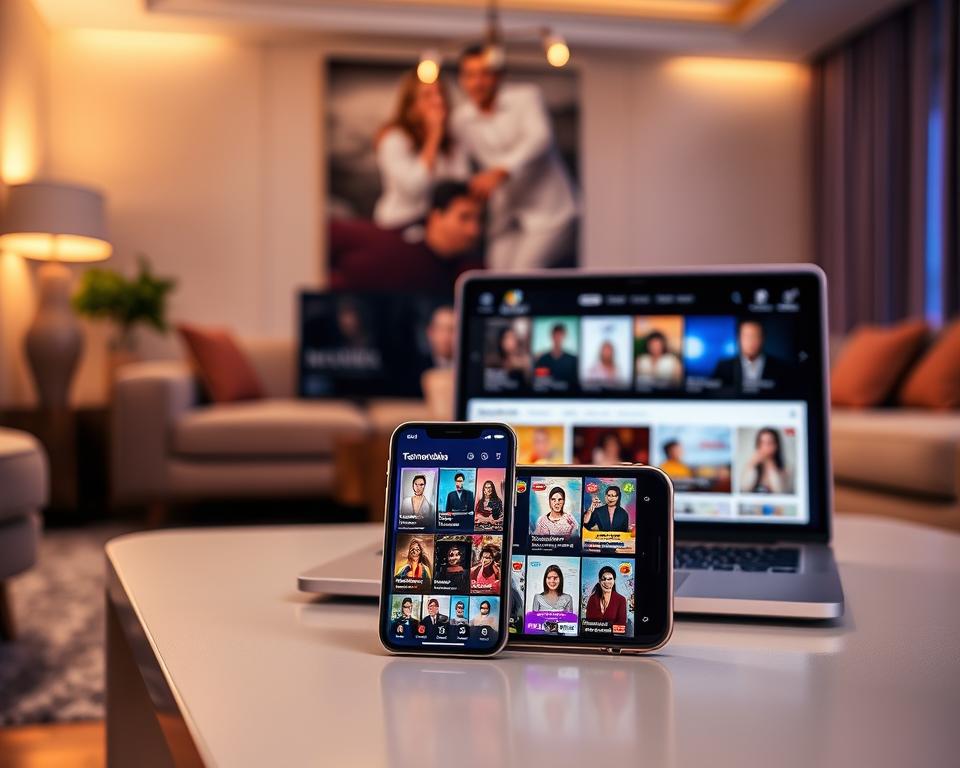 A sleek, modern digital interface showcasing various vertical streaming platforms for telenovelas. In the foreground, a smartphone displaying a colorful app interface with vibrant thumbnails of popular novelas in a vertical layout. In the middle ground, a stylish laptop is open, revealing a dynamic website with user-friendly navigation for accessing vertical content. The background features an elegant living room setting, softly lit with warm, inviting tones, creating a cozy viewing atmosphere. Bright overhead lighting enhances the devices, highlighting the text and images. Capture the mood of excitement and modernity in this cozy, tech-savvy environment, emphasizing innovation in entertainment. A sleek, modern digital interface showcasing various vertical streaming platforms for telenovelas. In the foreground, a smartphone displaying a colorful app interface with vibrant thumbnails of popular novelas in a vertical layout. In the middle ground, a stylish laptop is open, revealing a dynamic website with user-friendly navigation for accessing vertical content. The background features an elegant living room setting, softly lit with warm, inviting tones, creating a cozy viewing atmosphere. Bright overhead lighting enhances the devices, highlighting the text and images. Capture the mood of excitement and modernity in this cozy, tech-savvy environment, emphasizing innovation in entertainment.