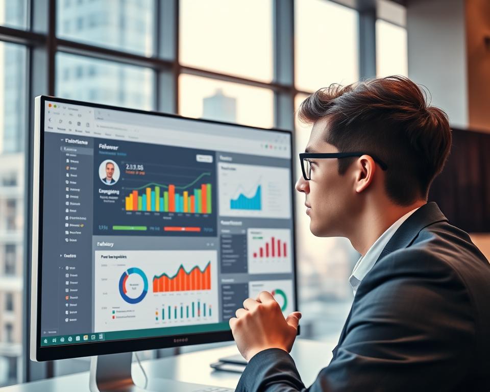 A sleek, modern digital workspace featuring a detailed interface of a follower analysis application on a high-resolution computer screen. In the foreground, a young professional in business attire examines the screen, with focused expressions that convey curiosity and analytical thought. The middle ground showcases colorful charts and graphs displaying follower statistics, engagement rates, and demographic information, all in a vibrant color scheme that suggests data-driven insights. In the background, a blurred cityscape through large windows adds a contemporary feel to the setting, with soft, natural lighting that highlights the enthusiastic atmosphere of exploration and discovery in social media analytics. The composition should evoke a mood of professionalism, innovation, and excitement about understanding social relationships online. A sleek, modern digital workspace featuring a detailed interface of a follower analysis application on a high-resolution computer screen. In the foreground, a young professional in business attire examines the screen, with focused expressions that convey curiosity and analytical thought. The middle ground showcases colorful charts and graphs displaying follower statistics, engagement rates, and demographic information, all in a vibrant color scheme that suggests data-driven insights. In the background, a blurred cityscape through large windows adds a contemporary feel to the setting, with soft, natural lighting that highlights the enthusiastic atmosphere of exploration and discovery in social media analytics. The composition should evoke a mood of professionalism, innovation, and excitement about understanding social relationships online.