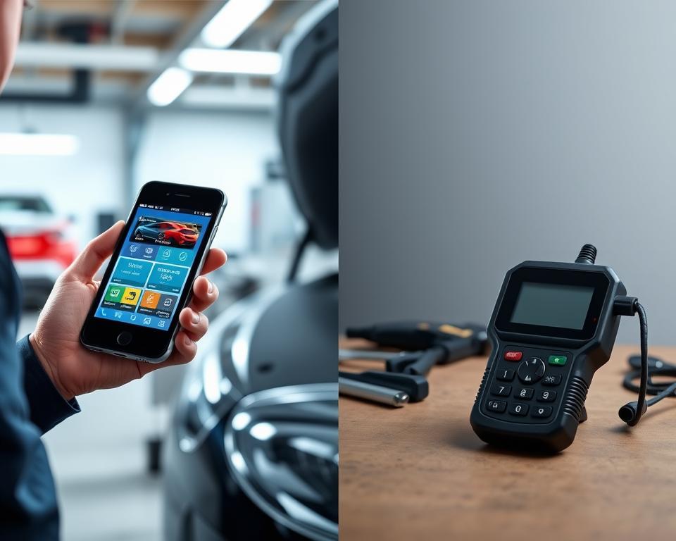 A split-image comparison showcasing an automotive diagnostic app on one side and a physical scanner on the other. On the left, a sleek smartphone displays a colorful app interface with car diagnostics in real-time, set against a bright, modern garage environment. The foreground features a mechanic in professional attire, intently using the app. On the right, a traditional handheld scanner, with buttons and a small screen, rests on a workbench cluttered with tools. The lighting is bright and focused on both devices to emphasize their features, with a subtle gradient background fading from blue to gray, creating a professional atmosphere. The overall mood is one of technology versus tradition, inviting the viewer to consider both options. A split-image comparison showcasing an automotive diagnostic app on one side and a physical scanner on the other. On the left, a sleek smartphone displays a colorful app interface with car diagnostics in real-time, set against a bright, modern garage environment. The foreground features a mechanic in professional attire, intently using the app. On the right, a traditional handheld scanner, with buttons and a small screen, rests on a workbench cluttered with tools. The lighting is bright and focused on both devices to emphasize their features, with a subtle gradient background fading from blue to gray, creating a professional atmosphere. The overall mood is one of technology versus tradition, inviting the viewer to consider both options.