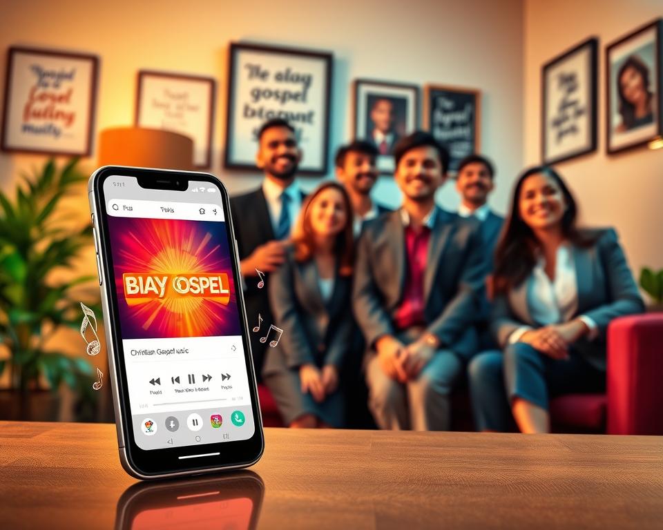 A vibrant digital art scene illustrating Brazilian gospel music platforms. In the foreground, there is a stylish smartphone displaying a colorful music app interface with Christian gospel music, surrounded by musical notes and symbols. The middle ground features a group of diverse, happy individuals dressed in professional business attire, listening to the music with smiles, representing the community aspect of music. The background shows a cozy, inviting room filled with soft lighting, warm tones, and subtle decorations like plants and framed inspirational quotes on the wall. The atmosphere is uplifting and spiritual, inviting viewers to connect with their favorite gospel songs. The composition is balanced, with a warm glow illuminating the scene, captured in a slightly angled, dynamic perspective to create depth. A vibrant digital art scene illustrating Brazilian gospel music platforms. In the foreground, there is a stylish smartphone displaying a colorful music app interface with Christian gospel music, surrounded by musical notes and symbols. The middle ground features a group of diverse, happy individuals dressed in professional business attire, listening to the music with smiles, representing the community aspect of music. The background shows a cozy, inviting room filled with soft lighting, warm tones, and subtle decorations like plants and framed inspirational quotes on the wall. The atmosphere is uplifting and spiritual, inviting viewers to connect with their favorite gospel songs. The composition is balanced, with a warm glow illuminating the scene, captured in a slightly angled, dynamic perspective to create depth.