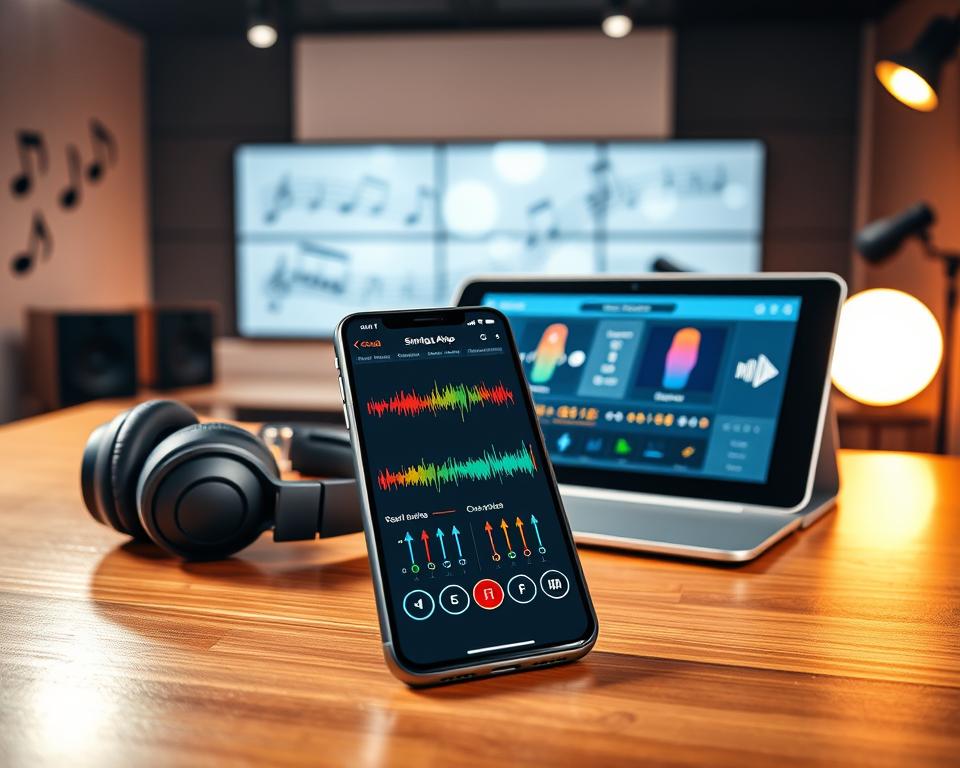 A vibrant digital workspace showcasing various vocal development apps. In the foreground, a sleek smartphone displays a user-friendly interface of a singing app with colorful sound waves and pitch graphs. To the left, a pair of headphones rests on a polished wooden desk, highlighting the importance of audio feedback. In the middle ground, a stylish tablet features a virtual vocal coach, with visually engaging animations illustrating vocal techniques. The background shows a softly lit, modern studio environment, filled with music notes and abstract soundwave graphics on the walls. Soft, warm lighting enhances the creative atmosphere, evoking inspiration and focus for aspiring singers, while the overall composition conveys professionalism and innovation in vocal training. A vibrant digital workspace showcasing various vocal development apps. In the foreground, a sleek smartphone displays a user-friendly interface of a singing app with colorful sound waves and pitch graphs. To the left, a pair of headphones rests on a polished wooden desk, highlighting the importance of audio feedback. In the middle ground, a stylish tablet features a virtual vocal coach, with visually engaging animations illustrating vocal techniques. The background shows a softly lit, modern studio environment, filled with music notes and abstract soundwave graphics on the walls. Soft, warm lighting enhances the creative atmosphere, evoking inspiration and focus for aspiring singers, while the overall composition conveys professionalism and innovation in vocal training.