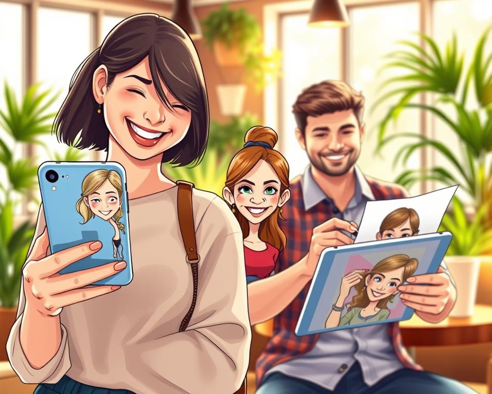 A vibrant illustration showcasing a diverse group of people happily interacting with their iOS devices, creating personalized caricatures. In the foreground, a cheerful young woman in stylish, modest casual clothing looks at her iPhone, amazed by her colorful caricature appearing on the screen. The middle layer features a friendly young man, also dressed in casual attire, sketching on a tablet with a stylized caricature taking shape beside him. The background is a soft-focus cafe setting filled with warm, inviting light, accentuated by cozy seating and plants. The atmosphere is lively and creative, reflecting the joy of transforming photos into unique art. The image should be bright, well-lit with natural sunlight, emphasizing the digital art theme without any text or distractions. A vibrant illustration showcasing a diverse group of people happily interacting with their iOS devices, creating personalized caricatures. In the foreground, a cheerful young woman in stylish, modest casual clothing looks at her iPhone, amazed by her colorful caricature appearing on the screen. The middle layer features a friendly young man, also dressed in casual attire, sketching on a tablet with a stylized caricature taking shape beside him. The background is a soft-focus cafe setting filled with warm, inviting light, accentuated by cozy seating and plants. The atmosphere is lively and creative, reflecting the joy of transforming photos into unique art. The image should be bright, well-lit with natural sunlight, emphasizing the digital art theme without any text or distractions.