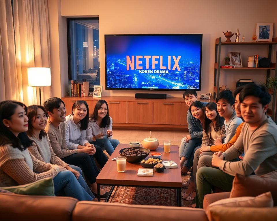 A vibrant scene depicting a cozy living room setting where a diverse group of friends is enjoying a Korean drama on a large, modern TV displaying the Netflix logo. In the foreground, a mix of individuals from various ethnic backgrounds are sitting together on a stylish couch, dressed in modest casual clothing, with expressions of excitement and engagement. In the middle, a coffee table filled with snacks and drinks adds a warm and inviting touch, while soft lighting creates a relaxed atmosphere, enhancing the mood of friendship and enjoyment. In the background, a shelf filled with popular Korean DVDs and decor reflects the cultural richness of Korean storytelling, framed by a window showing a twilight cityscape. The angle captures the communal experience of watching Korean productions on Netflix, conveying the essence of the streaming giant's original offerings. A vibrant scene depicting a cozy living room setting where a diverse group of friends is enjoying a Korean drama on a large, modern TV displaying the Netflix logo. In the foreground, a mix of individuals from various ethnic backgrounds are sitting together on a stylish couch, dressed in modest casual clothing, with expressions of excitement and engagement. In the middle, a coffee table filled with snacks and drinks adds a warm and inviting touch, while soft lighting creates a relaxed atmosphere, enhancing the mood of friendship and enjoyment. In the background, a shelf filled with popular Korean DVDs and decor reflects the cultural richness of Korean storytelling, framed by a window showing a twilight cityscape. The angle captures the communal experience of watching Korean productions on Netflix, conveying the essence of the streaming giant's original offerings.