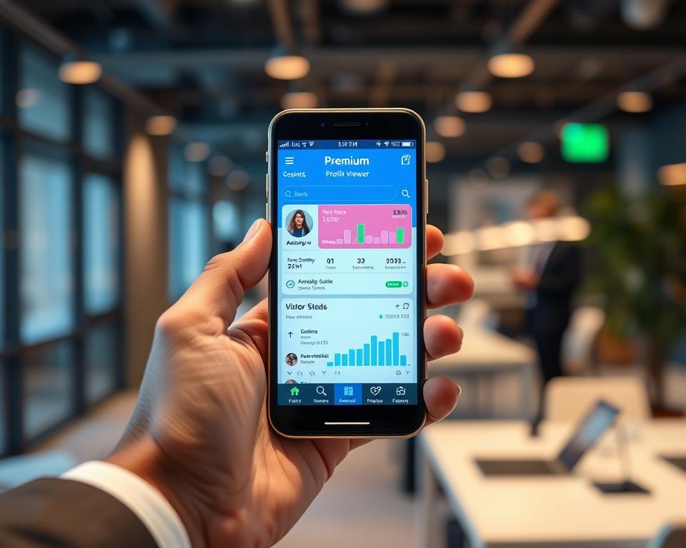 A visually engaging representation of a smartphone screen displaying a premium social media profile viewer app interface. In the foreground, include a sleek, modern smartphone held by a person in business attire, with a focus on the vibrant application graphics showing user profile analytics and visitor statistics. The middle layer features a blurred background of an office environment with soft lighting, evoking a sense of productivity and professionalism. The scene should convey a digital and tech-savvy atmosphere, with cool color tones like blues and greens to symbolize trust and innovation. Use a shallow depth of field to emphasize the smartphone while creating a warm ambiance with soft, diffused lighting that enhances the visual appeal. A visually engaging representation of a smartphone screen displaying a premium social media profile viewer app interface. In the foreground, include a sleek, modern smartphone held by a person in business attire, with a focus on the vibrant application graphics showing user profile analytics and visitor statistics. The middle layer features a blurred background of an office environment with soft lighting, evoking a sense of productivity and professionalism. The scene should convey a digital and tech-savvy atmosphere, with cool color tones like blues and greens to symbolize trust and innovation. Use a shallow depth of field to emphasize the smartphone while creating a warm ambiance with soft, diffused lighting that enhances the visual appeal.