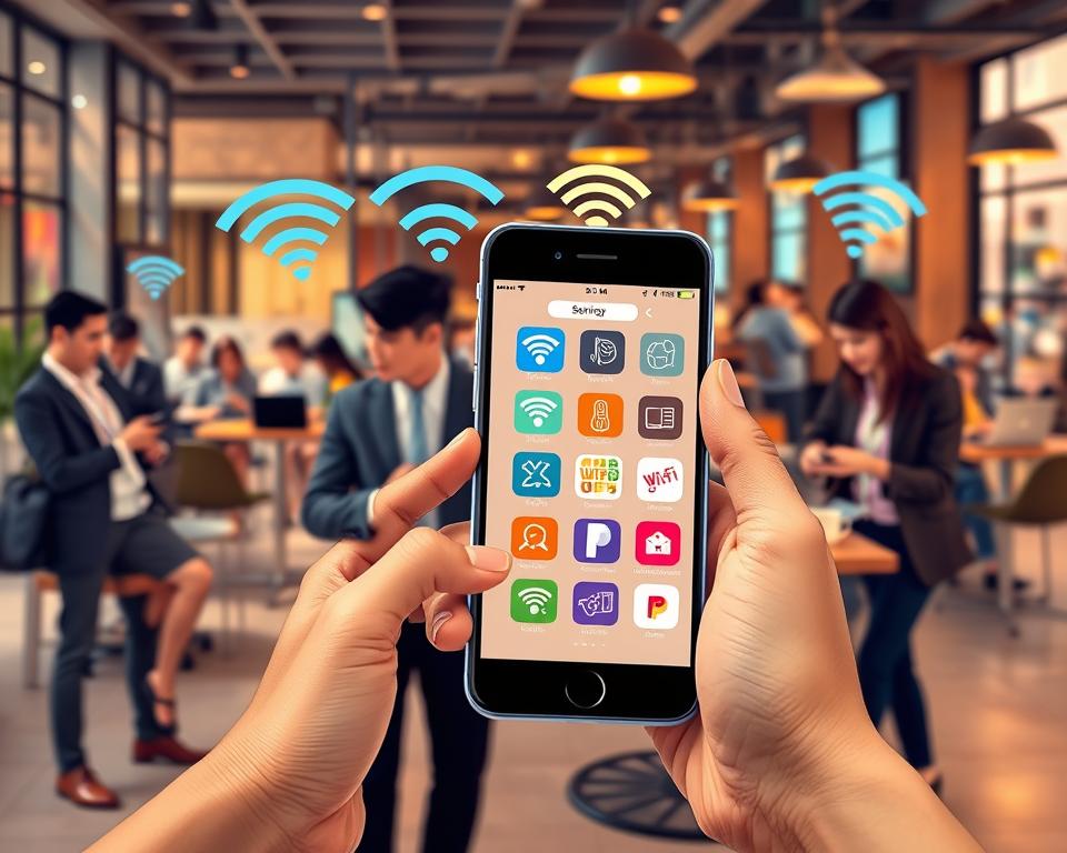 A visually striking illustration depicting various mobile apps designed for secure connections to public Wi-Fi networks. In the foreground, a smartphone is held by a diverse group of professionals dressed in smart casual attire, showcasing the screen with vibrant app icons related to Wi-Fi security. The middle ground features a stylish café setting with visible Wi-Fi signals and patrons using laptops and devices, emphasizing connectivity. The background includes blurred elements of city life, suggesting a bustling urban environment. Soft, warm lighting creates a welcoming atmosphere, while a slight over-the-shoulder angle reveals the app usage. The overall mood conveys safety, innovation, and modern technology, capturing the essence of secure public Wi-Fi connections. A visually striking illustration depicting various mobile apps designed for secure connections to public Wi-Fi networks. In the foreground, a smartphone is held by a diverse group of professionals dressed in smart casual attire, showcasing the screen with vibrant app icons related to Wi-Fi security. The middle ground features a stylish café setting with visible Wi-Fi signals and patrons using laptops and devices, emphasizing connectivity. The background includes blurred elements of city life, suggesting a bustling urban environment. Soft, warm lighting creates a welcoming atmosphere, while a slight over-the-shoulder angle reveals the app usage. The overall mood conveys safety, innovation, and modern technology, capturing the essence of secure public Wi-Fi connections.