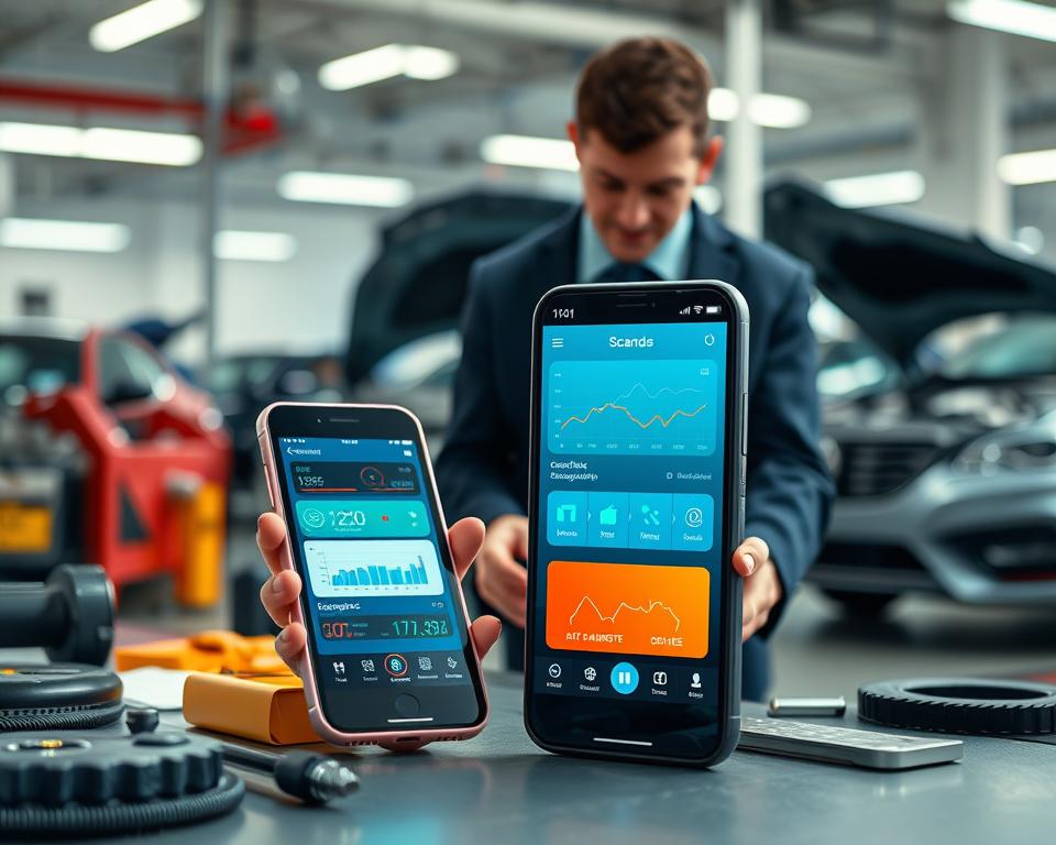 An informative digital composition showcasing the top automotive scanner apps in a professional context. In the foreground, feature a sleek smartphone displaying a vibrant interface of a car diagnostics app, with graphs and diagnostic codes visible. In the middle ground, include a mechanic in a professional business attire, intently analyzing the phone’s screen, surrounded by automotive tools. In the background, depict a well-lit modern garage with various cars and high-tech diagnostic equipment, creating an atmosphere of innovation and precision in automotive care. Use soft, natural lighting to enhance the clarity of the devices and the mechanic's focused expression, captured from a slightly elevated angle to provide a comprehensive view of the scene. The overall mood should feel professional, tech-savvy, and engaging.