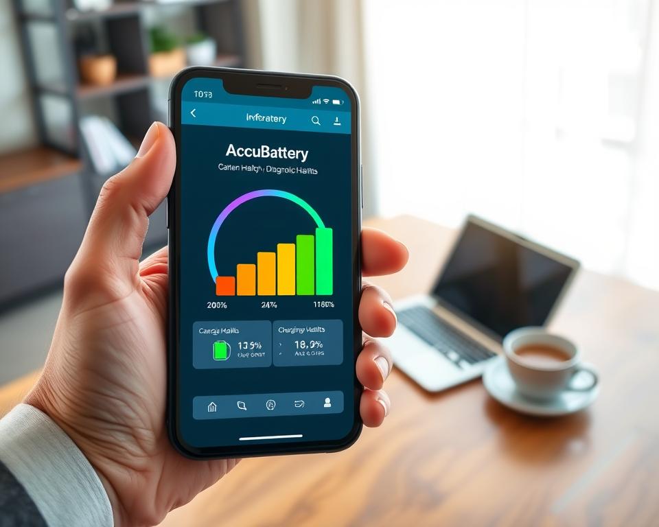 A close-up of a smartphone screen displaying the "AccuBattery" app interface, showcasing a colorful diagnostic graph of battery health, percentage remaining, and charging habits. The foreground features the phone held in a person's hand, neatly manicured fingers in a professional business attire. The middle ground displays a wooden desk with a laptop and a cup of coffee, creating a work environment feel. The background is softly blurred, featuring a modern office with bright, natural light streaming in through a window. The overall mood should be informative and professional, emphasizing the importance of battery health and technology in daily life. The composition should convey clarity and modernity, focusing solely on the app's diagnostic features.