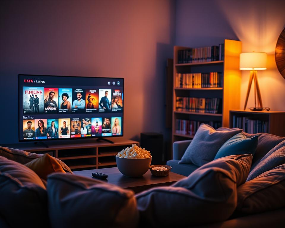 A cozy living room setting illuminated by soft, warm lighting in the evening. In the foreground, a modern flat-screen TV displays a colorful array of movie and series thumbnails, suggesting a variety of genres like adventure, romance, and sci-fi. A comfortable couch filled with plush pillows invites viewers to relax. In the middle, a coffee table holds a bowl of popcorn and a few remote controls, hinting at an engaging movie night. In the background, shelves are filled with DVDs and books about films, contributing to a cinematic atmosphere. The mood is inviting and relaxed, ideal for discovering new entertainment. Use a slightly angled perspective, as if the viewer is seated in the room, creating an immersive experience.