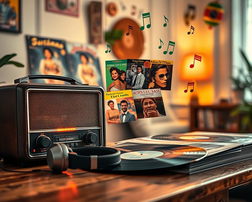 A cozy vintage radio sits on a wooden table, softly glowing with warm light, surrounded by vinyl records of classic Brazilian music from the 60s and 70s. In the foreground, a pair of old-fashioned headphones rests next to the radio, hinting at a nostalgic listening experience. In the middle ground, a colorful collage of famous Brazilian album covers floats gently, showcasing iconic artists in traditional attire. The background features a softly lit room adorned with musical notes and vibrant maracas, evoking the spirit of Brazil. The atmosphere is warm and inviting, suggesting a sense of rediscovery and appreciation for Brazil's rich musical heritage. Utilize soft focus and warm tones to create a nostalgic vibe. A cozy vintage radio sits on a wooden table, softly glowing with warm light, surrounded by vinyl records of classic Brazilian music from the 60s and 70s. In the foreground, a pair of old-fashioned headphones rests next to the radio, hinting at a nostalgic listening experience. In the middle ground, a colorful collage of famous Brazilian album covers floats gently, showcasing iconic artists in traditional attire. The background features a softly lit room adorned with musical notes and vibrant maracas, evoking the spirit of Brazil. The atmosphere is warm and inviting, suggesting a sense of rediscovery and appreciation for Brazil's rich musical heritage. Utilize soft focus and warm tones to create a nostalgic vibe.