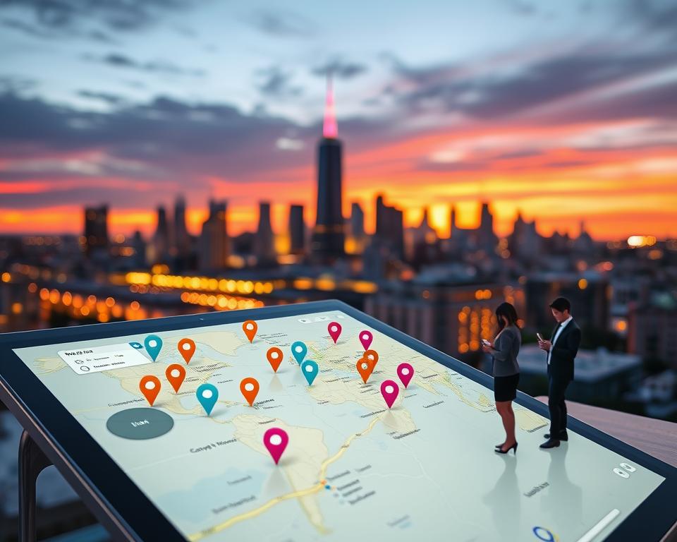 A detailed collaborative map showcasing open WiFi networks across an urban landscape, featuring colorful pins indicating various locations. In the foreground, a digital tablet displays the map with zoomed-in sections highlighting network strengths. The middle ground includes stylized illustrations of community members interacting with their devices, dressed in professional business attire, symbolizing teamwork and connectivity. In the background, a vibrant city skyline at sunset casts a warm glow, enhancing the collaborative atmosphere. The lighting is soft yet bright, focusing on the map while allowing the city silhouette to emphasize the concept of community. The overall mood is optimistic and innovative, showcasing the collective power of individuals contributing to the map in a visually engaging way.