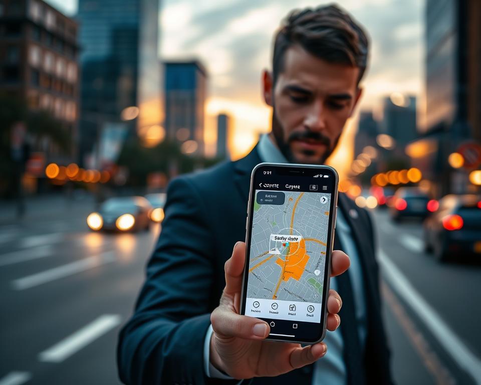 A dynamic urban setting at dusk, showcasing a sleek, modern smartphone displaying the Coyote app interface with a vibrant map and radar detection features. In the foreground, a professional individual, dressed in smart business attire, is intently examining the app, with a look of concentration. The background features a blurred cityscape with traffic signs and vehicles, emphasizing the theme of speed and safety. The scene is warmly lit by streetlights and the sunset glow, creating an inviting atmosphere. Focus on the details of the app screen, highlighting its user-friendly design and innovative capabilities, symbolizing reliability and trustworthiness in speed monitoring.